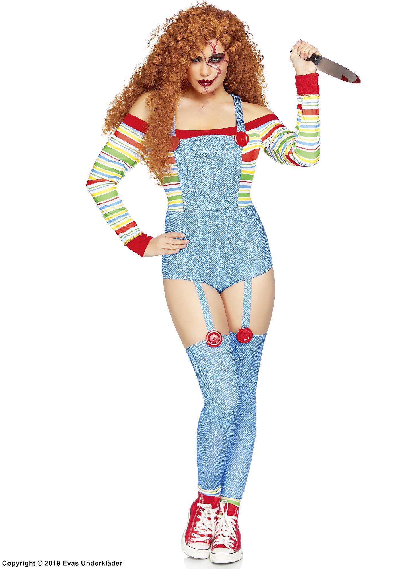 Chucky fra Child's Play (kvinne), kostymeundertøysbody, knapper, off-shoulder, fargerike striper